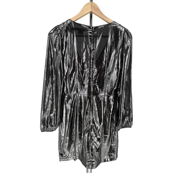 French Connection Silver Metallic Drape Faux Wrap Mini Dress Long Sleeves size 4 - Picture 8 of 11